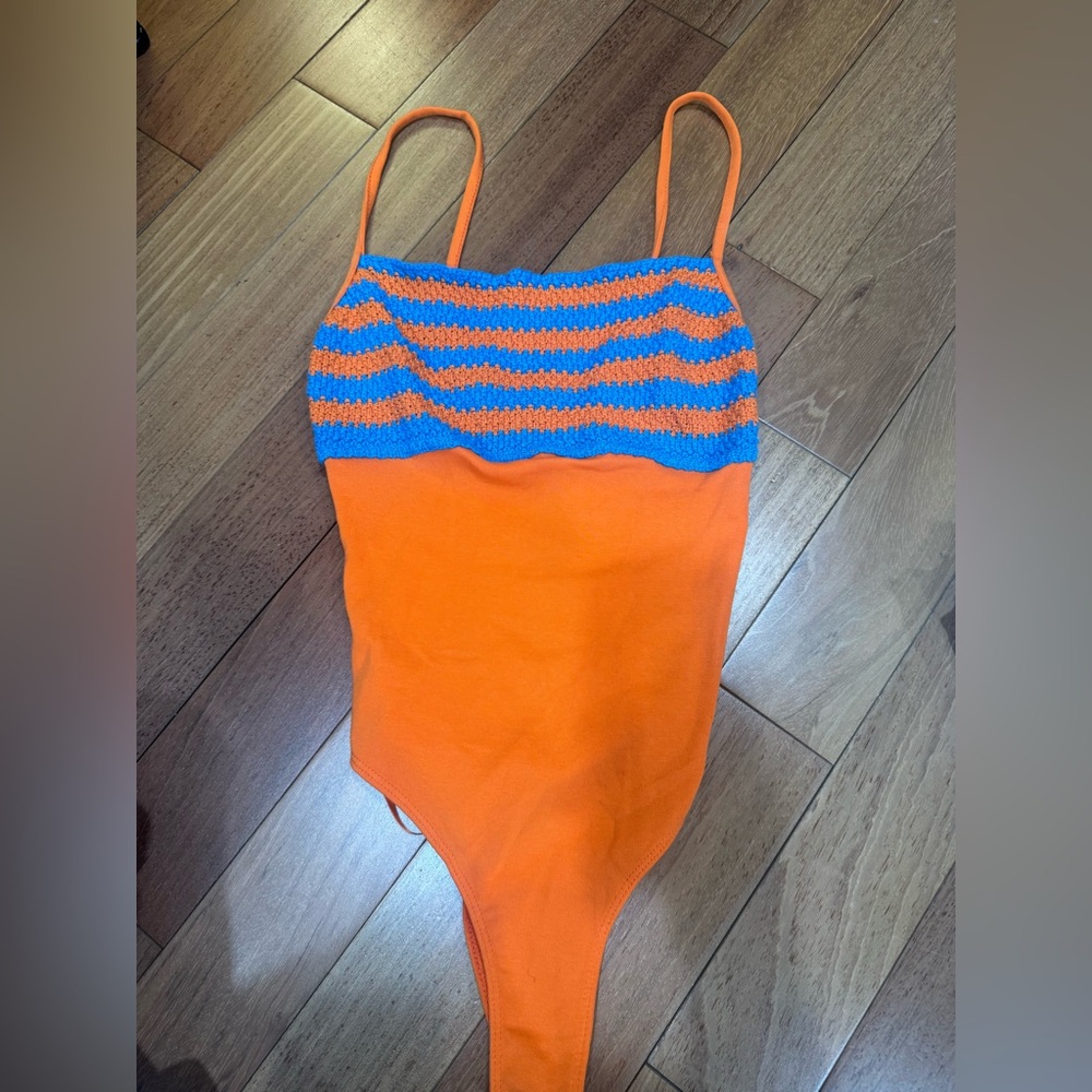 Ara Orange and Blue Striped Knit Bodysuit